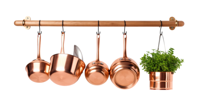 A collection of pots and pans hanging on a decorative rack in a kitchen