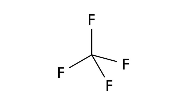 carbon tetrafluoride molecule, structural chemical formula, ball-and-stick model, isolated image simplest perfluorocarbon