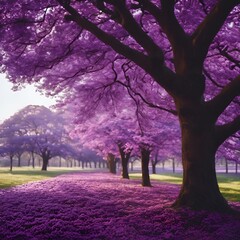 purple trees in bloom line the ground at a park in spring
