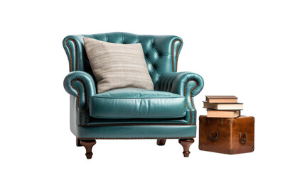 A blue chair adorned with a cozy pillow and a stylish suitcase, suggesting a moment of rest or preparation for a journey