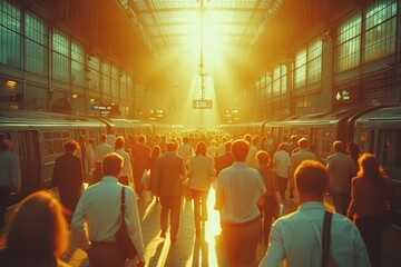 A bustling train station during the peak of rush hour, with a sea of commuters in business attire bustling about, clutching newspapers and coffee cups
