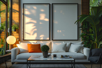 Scandinavian apartement family room in the afternoon with furniture,modern sofa white ,green plants,white walls,with interior mockup with two white photo frame in the background