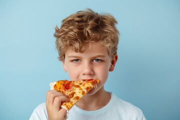 Child delighting in pizza on soft background with generous area for custom text placement