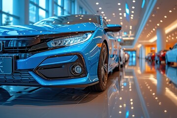 A car showroom with cutting-edge electric vehicles, showcasing the future of eco-friendly transportation