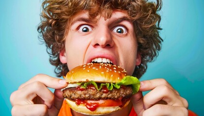 Man savoring delicious burger on vibrant background with room for text placement