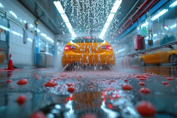 A car wash with water jets and colorful foam, transforming dirty vehicles into sparkling clean ones