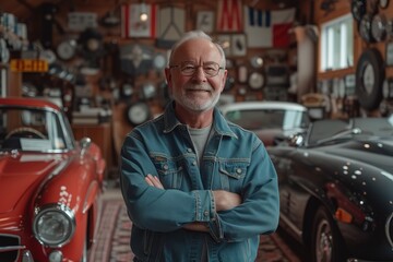 A classic car collector proudly displaying their vintage automobiles in a museum-like garage - obrazy, fototapety, plakaty