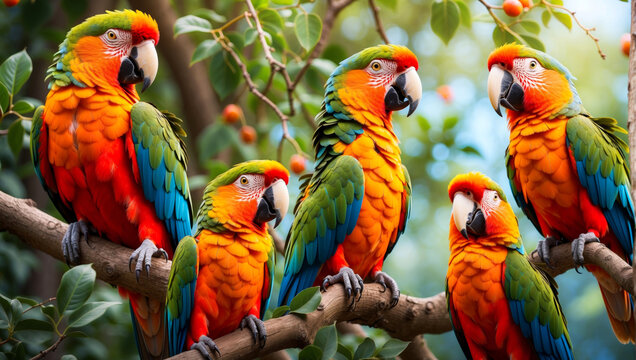 A group of parrots sits on a tree
