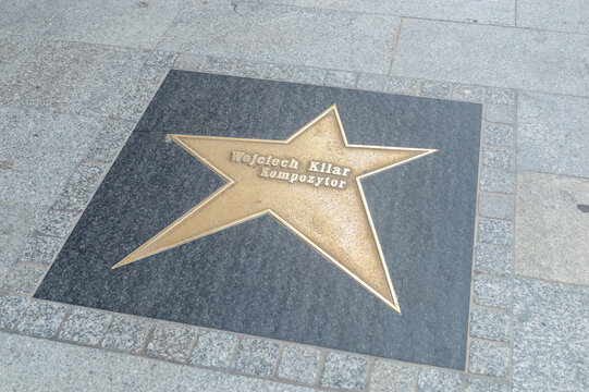 Lodz, Poland - April 14, 2024: Star to Wojciech Kilar on the Lodz Walk of Fame. Avenue of stars in Lodz.