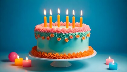 Elaborate jade colored birthday cake with pink and orange piped vintage style frills and birthday candles.