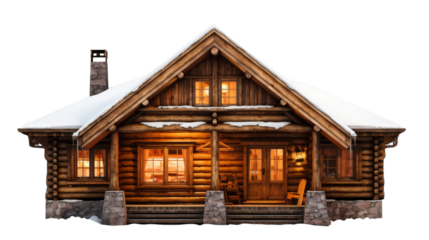 Rustic log cabin with snow-covered roof in a serene winter setting
