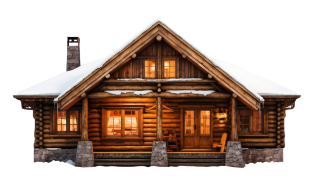 Rustic log cabin with snow-covered roof in a serene winter setting