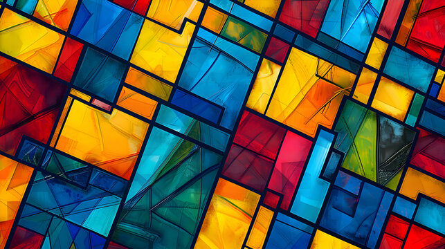 High-definition image of a colorful abstract pattern with bold squares and rectangles in primary colors, interwoven like pieces of a jigsaw puzzle, using advanced photographic techniques