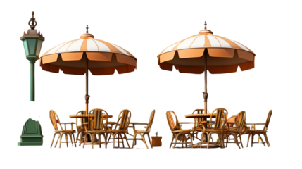 Tables, chairs, umbrellas arranged in outdoor dining area, creating a cheerful and inviting space
