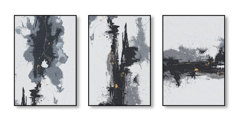 Abstract art watercolor painting, stylish modern art, triptych, flowers, texture, gold
