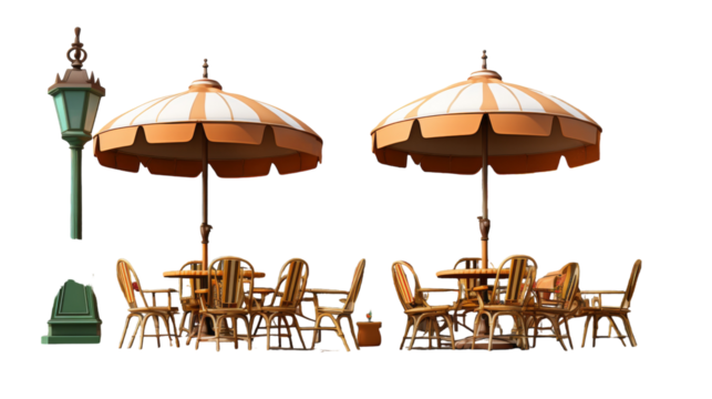 Tables, chairs, umbrellas arranged in outdoor dining area, creating a cheerful and inviting space