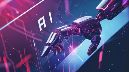Human hand and robot hand reaching towards each other with AI symbol. Digital illustration with neon accents and bokeh background.