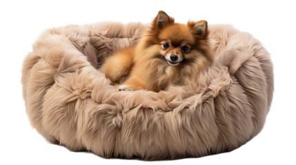 A small dog relaxes in a cozy, fluffy dog bed