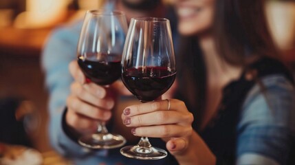 Man and woman drinking red wine. In the picture, close-up hands with glasses. They are celebrating their wedding anniversary. - obrazy, fototapety, plakaty
