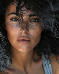 Close-up portrait of a woman with lock of hairs tangled hairs 