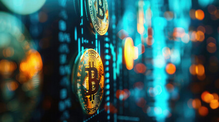 Bitcoin crypto currency gold coins as digital cryptocurrency symbol stock financial exchange business market trade charts. Btc blockchain future payments, investment technology background .