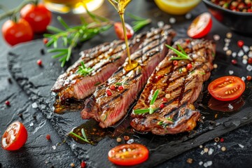 Gourmet chef cooking grilled steak in rich butter lemon or cajun sauce with herbs and garnish