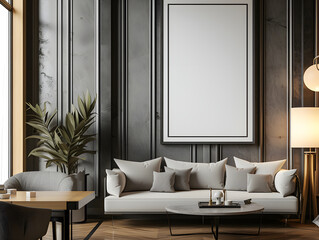 apartement Livingroom in the evening with furniture,grey sofa,green plants, one chandelier,black walls, chandelier with interior mockup with one white photo frame in the background