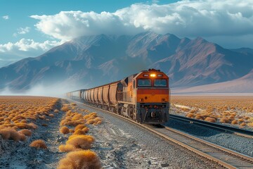 A freight train traversing a sweeping desert terrain, its powerful locomotive leading the way under a cloudless, azure sky