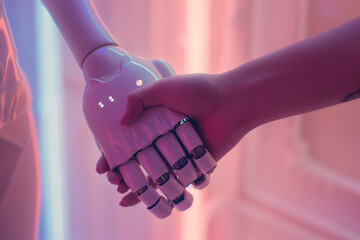 A robot shakes hands with a human. Collaboration.  Artificial intelligence, robot, digital technology, technological progress.