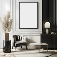 ELegant famly lounge  in the afterday with furniture,wooden chair,green plants, one chandelier,white black walls, chandelier with interior mockup with one white photo frame in the background