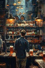 A man standing at a bar with bottles of alcohol behind him, AI