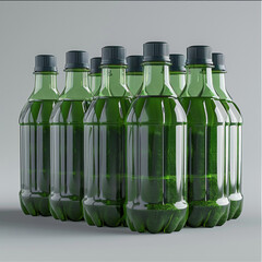 a lot plastic bottles aligned full of green juice with shadow in a dark white background.