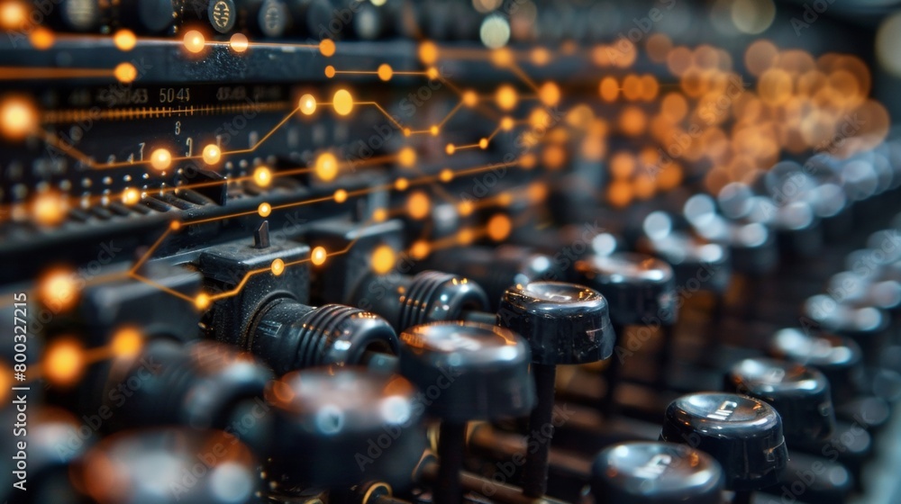 Poster a close up of a large machine with many lights and wires, ai