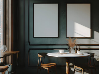 Scandinavian cozy Diningroom in the evening with furniture,wooden chair,green plants, two chandelier,grey sofa,black walls, chandelier with interior mockup with two white photo frame in the background