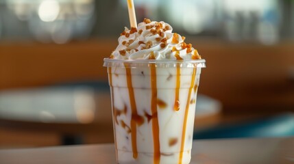 Frozen caramel frappe coffee with whipped cream and crunchy topping.