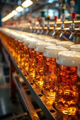 A row of glass bottles on a conveyor belt in an assembly line, AI