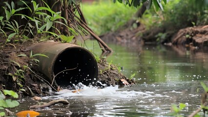 Directly releasing waste into water from a pipe causes environmental pollution . Concept Water Pollution, Industrial Waste, Environmental Degradation