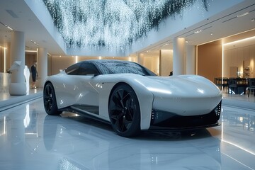 A futuristic electric car showroom, featuring innovative designs and cutting-edge technology