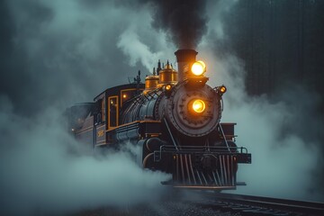 A historic steam whistle blowing loudly as an antique locomotive prepares to depart from a station, enveloped in a cloud of steam