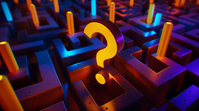 Complex 3D maze with a prominent, glowing question mark centering the labyrinth