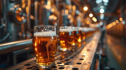 A row of glasses on a metal rail with beer in them, AI - obrazy, fototapety, plakaty