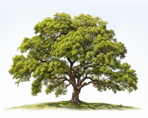 An illustration of a large green leafy tree with a large thick trunk