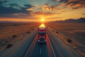 A long-haul trucker guiding a massive rig through a desolate desert highway at sunset, the road stretching infinitely ahead - Powered by Adobe
