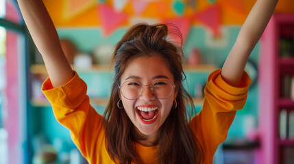 A joyful young woman with glasses is laughing with her arms raised, standing in a colorful, festive room.

