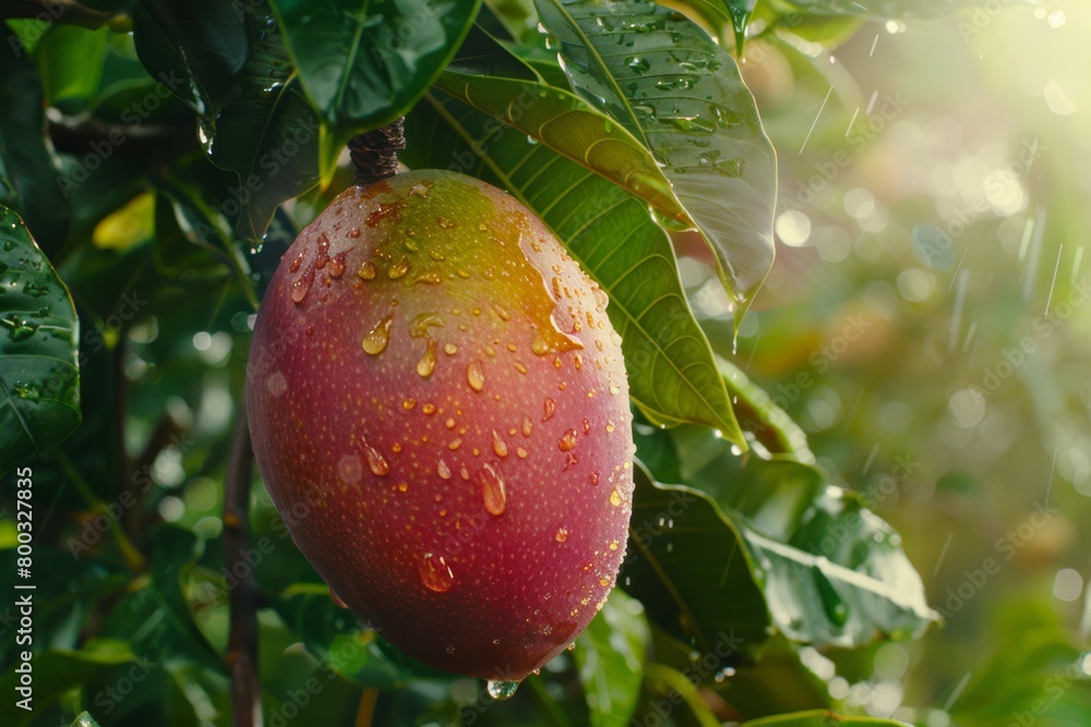 Poster macro close up of juicy mango with water droplets on tree, wide banner with copy space for text