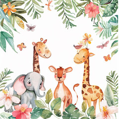 Naklejka premium Safari Animals heds Floral Tropical Flower Girl Nursery Wall Art Watercolor