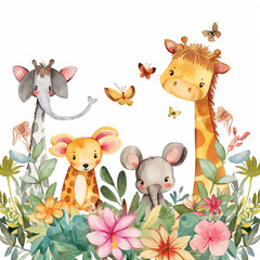 Naklejka premium Safari Animals heds Floral Tropical Flower Girl Nursery Wall Art Watercolor
