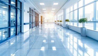 Fototapeta premium Blurred glass wall of modern office building in corporate center for business concept background