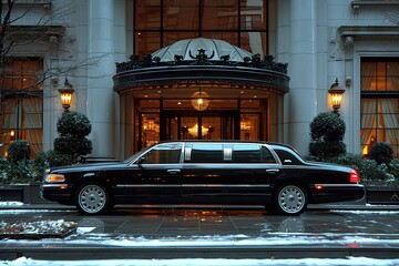 A luxury limousine parked in front of an upscale hotel, ready to chauffeur guests in style