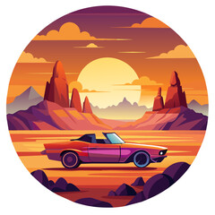 vibrant vector illustration capturing the silhouette of a sleek car cruising along a winding road against a backdrop of a fiery sunset sky